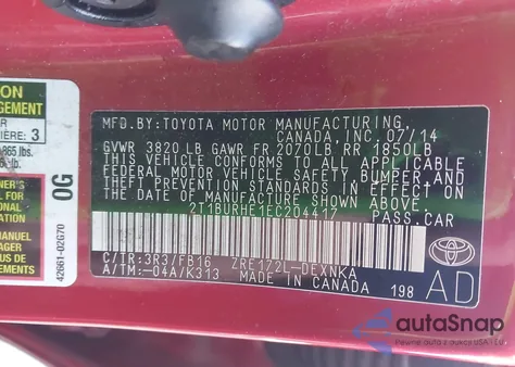 2014 Toyota Corolla Le Plus z USA, uszkodzony, nr VIN 2T1BURHE1EC204417